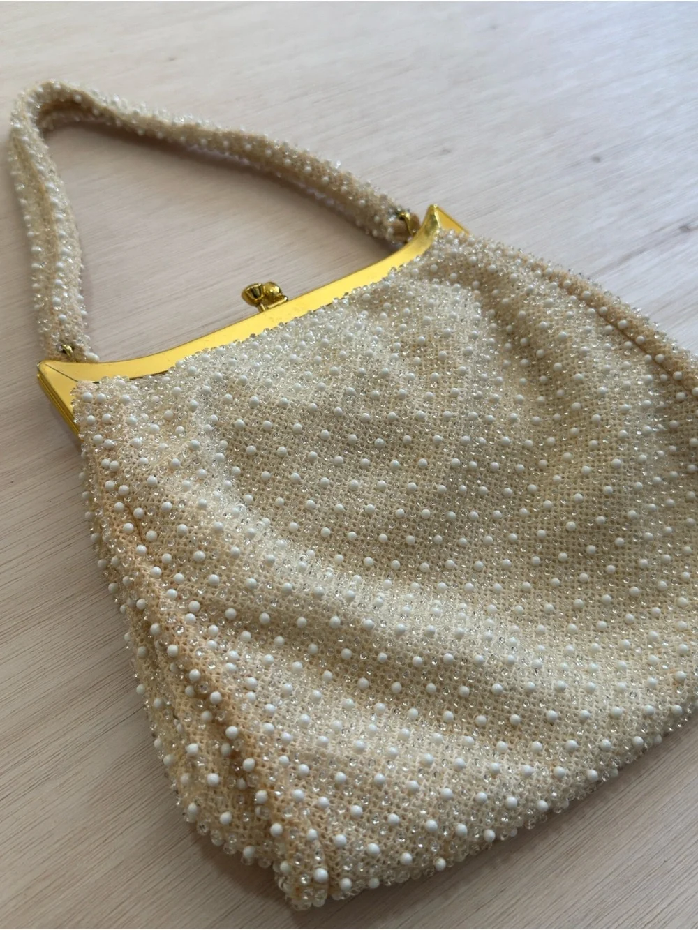 Elegant Cream bead-Embellished Evening Clutch with Gold Frame coin purse &mirror